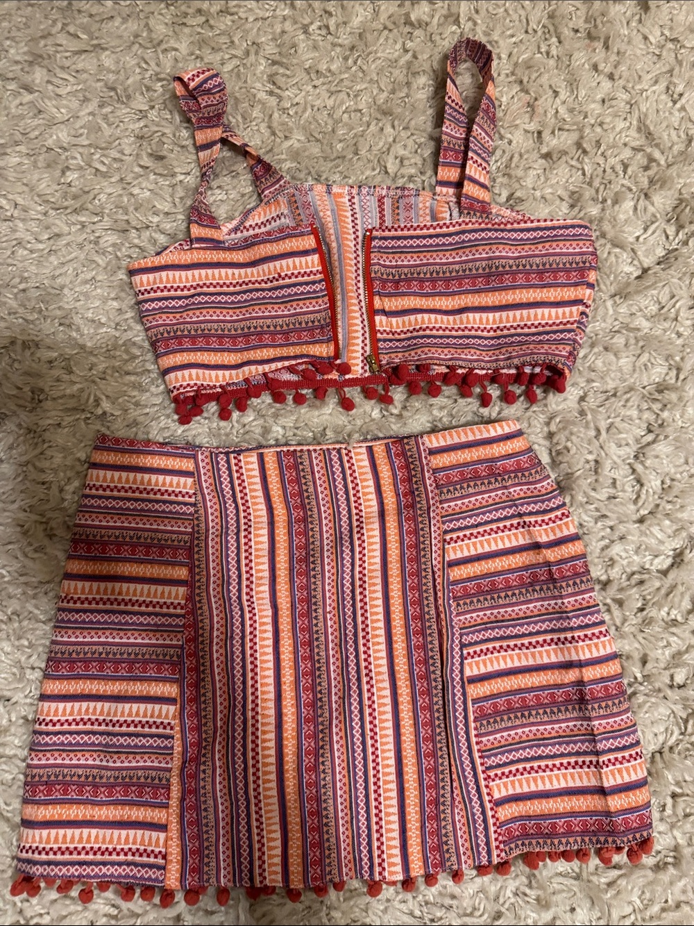 Cider Pink & Orange Striped Pom-Pom Two-Piece Skirt Set - Picture 2 of 3